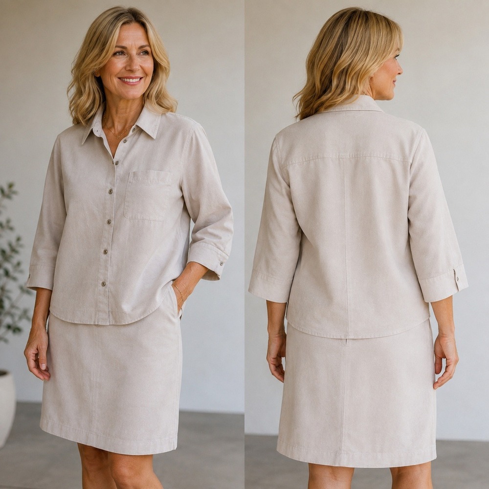 Chicos Design Vintage Faux Suede 2 Piece Set Shirt and Skirt Beige Size 0
